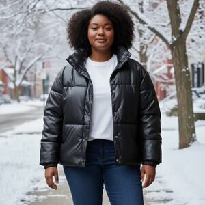 Avec Les Filles Puffer Faux Leather Coat Boxy Black Vegan